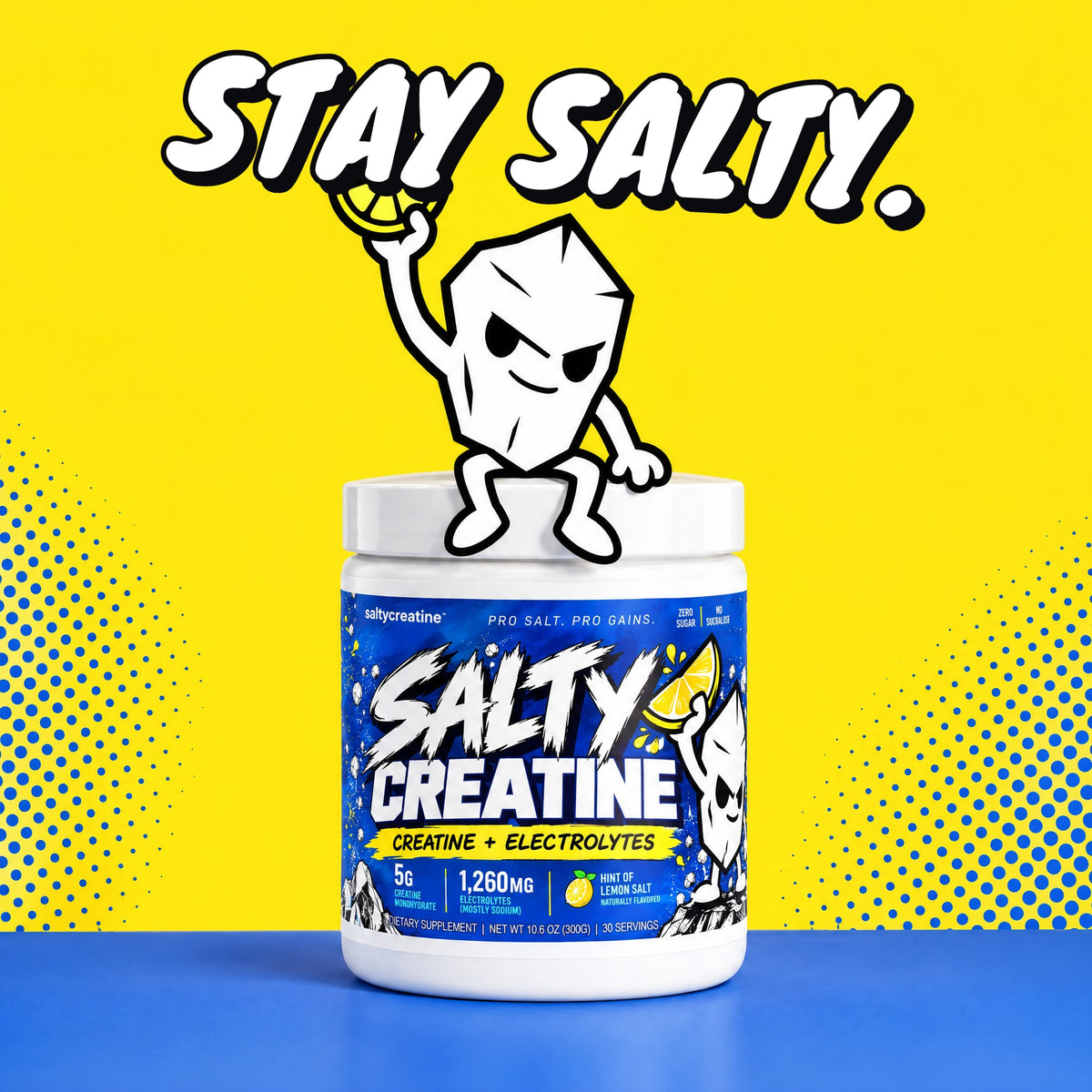 The salt crystal mascot sitting on a tub of Salty Creatine. Stay salty.