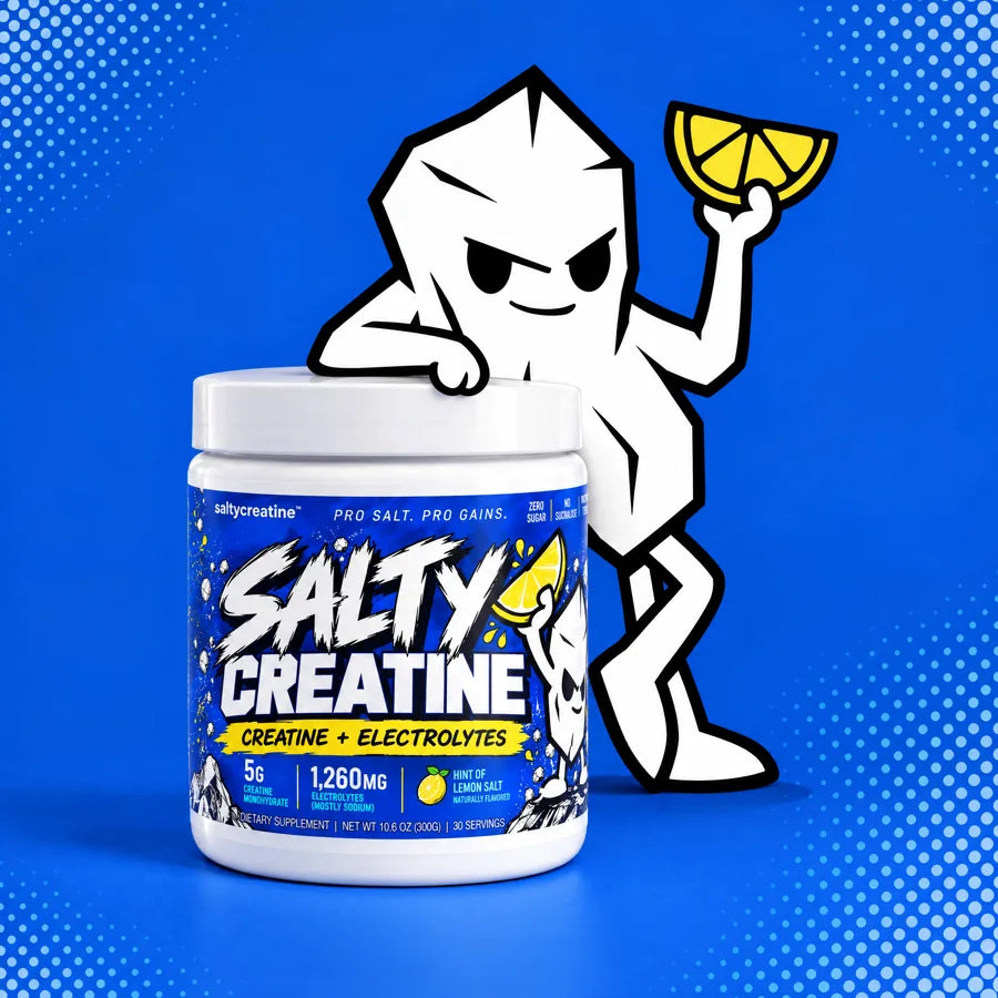 The salt crystal mascot leaning on a tub of Salty Creatine