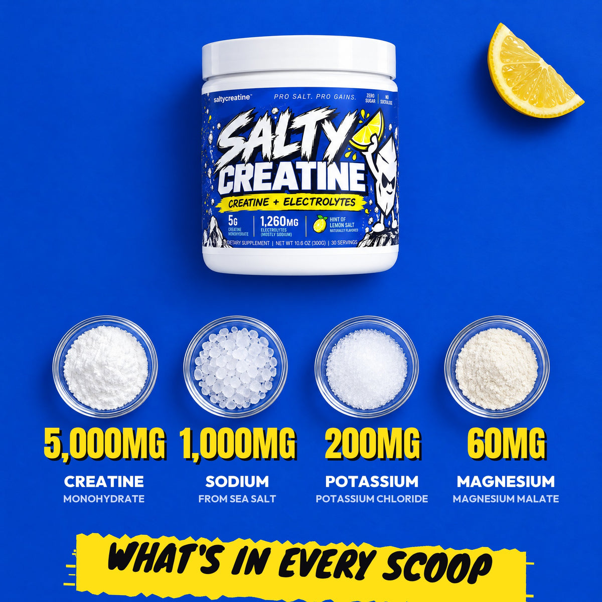 What is in every scoop: 5,000mg creatine monohydrate, 1,000mg sodium, 200mg potassium, 60mg magnesium.