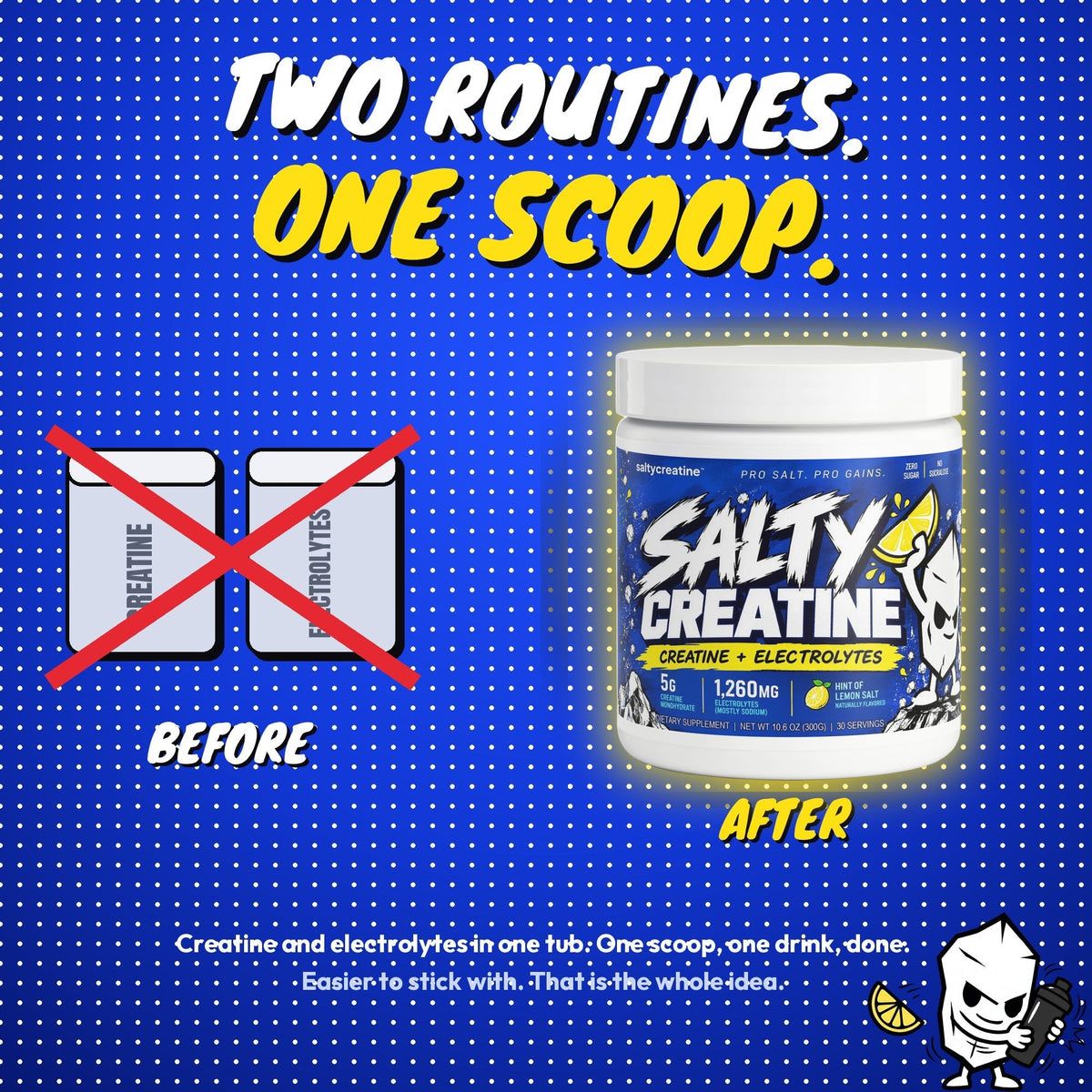 Two routines, one scoop: creatine and electrolytes in one tub.