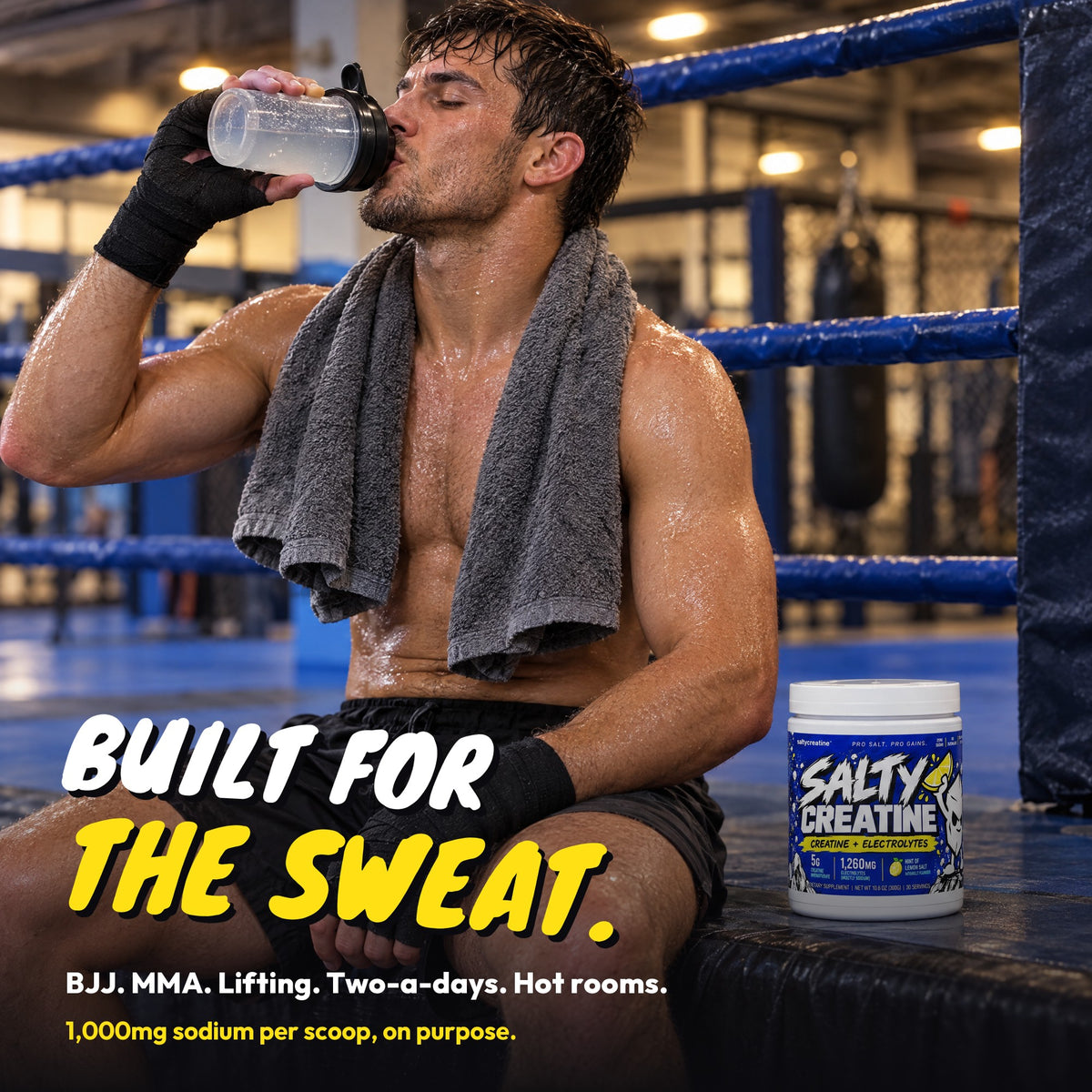 A fighter drinking from a shaker next to a tub of Salty Creatine. Built for the sweat.