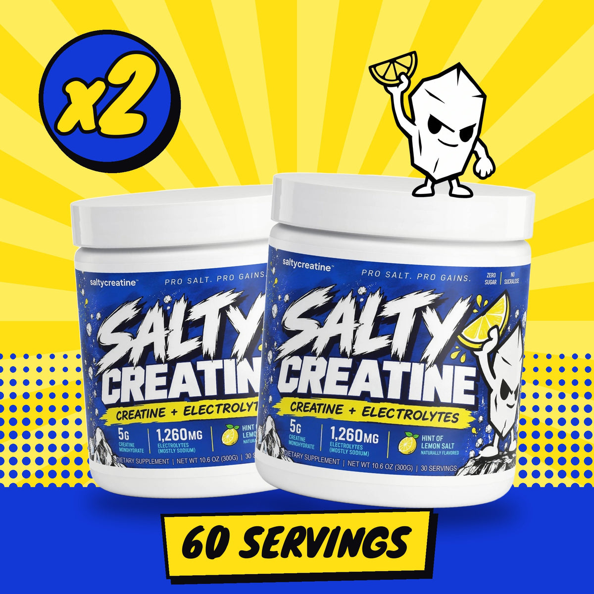 Two tubs of Salty Creatine with Salty on top. 60 servings.