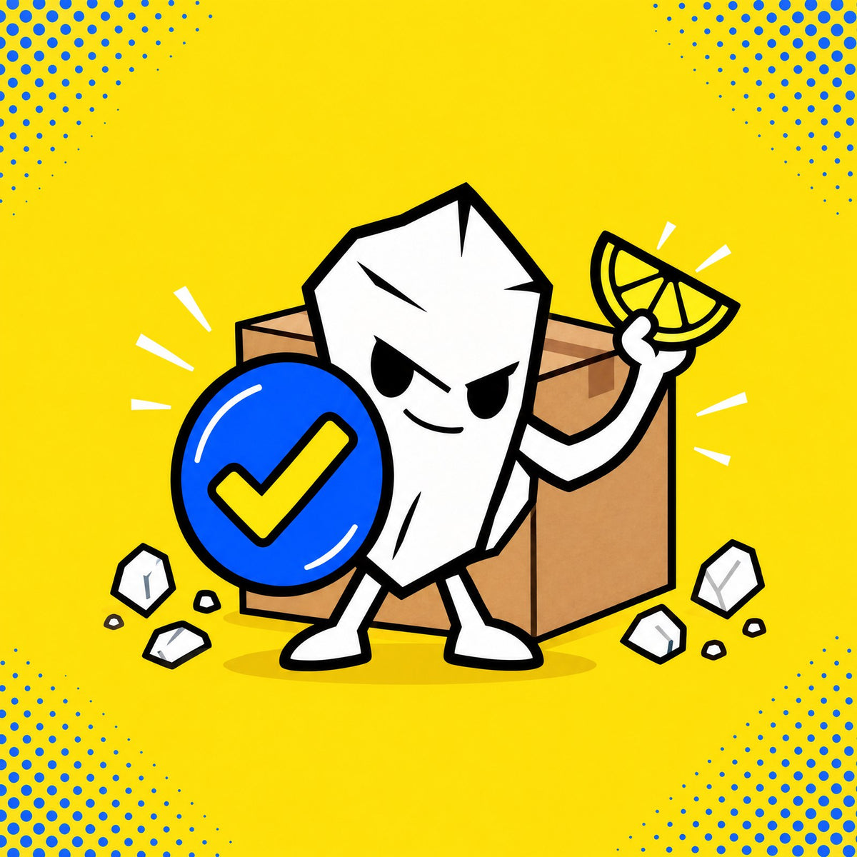 The Salty Creatine mascot guarding a shipping box with a shield