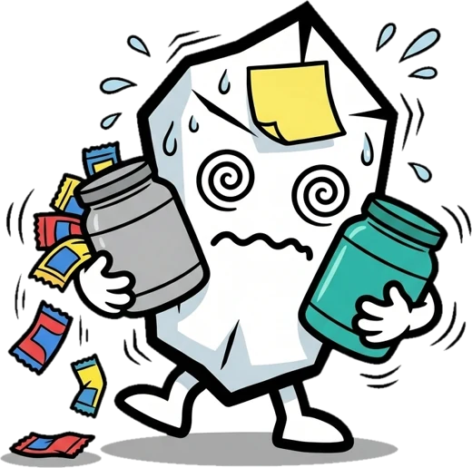 Salty overwhelmed, juggling two tubs and a pile of packets