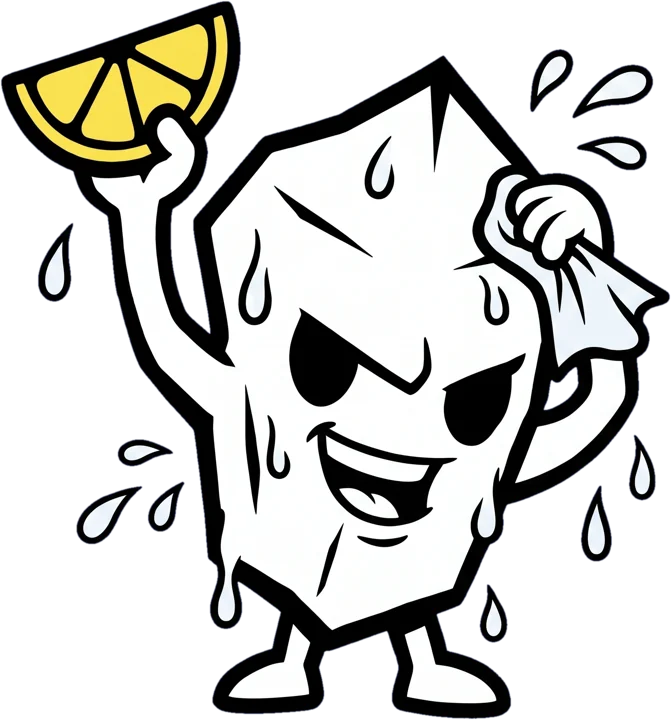 The salt crystal mascot sweating and wiping his face with a towel