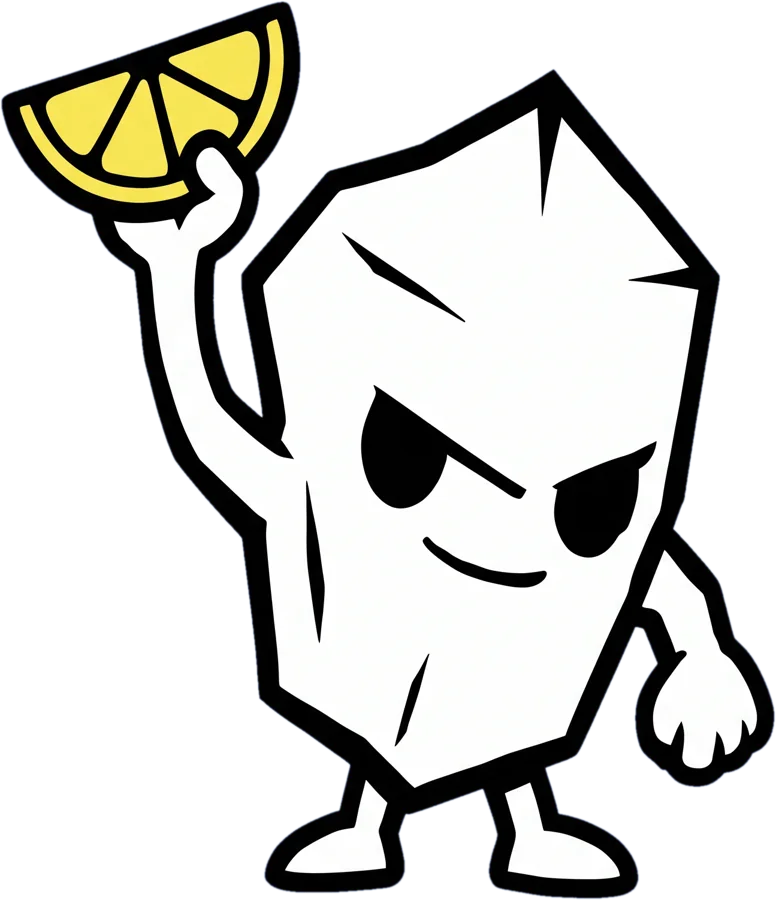 The salt crystal mascot holding up a lemon wedge