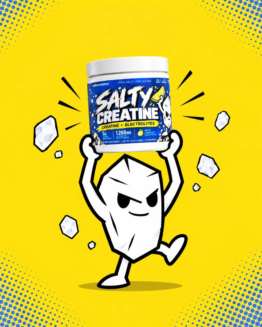 The Salty Creatine mascot holding a tub of Salty Creatine over his head